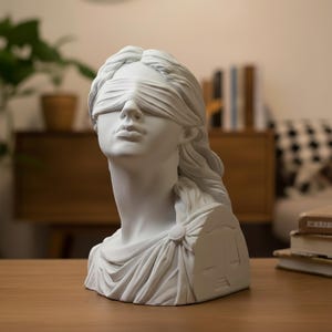 Puede incluir: Busto blanco de la Justicia, con los ojos vendados, cabello suelto y vestimenta drapeada. La escultura presenta una detallada representación de la balanza de la justicia en el hombro. El busto está sobre una superficie de madera.
