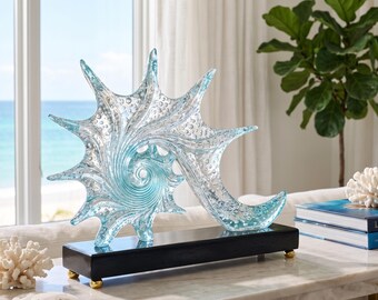 Glass Wave Sculpture Modern Coastal Beach House Ocean Home Office Desk Shelf Accent Glass Ornament Luxury Living Room Centerpiece Sea