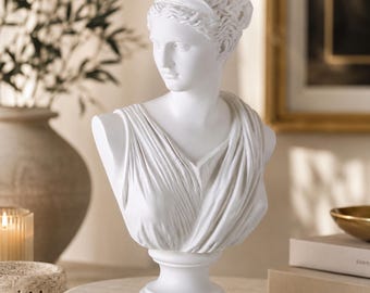 Busto de Ártemis, escultura da deusa grega Diana, figura romana antiga em resina e mármore branco, estilo neoclássico, para decoração de escritório ou prateleira.