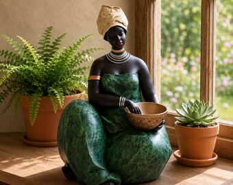 African Figurine Gift Home Office Display Lady Statue Resin Sculpture Tribal Art Cultural Vintage Woman Seated Figure Craft Heritage