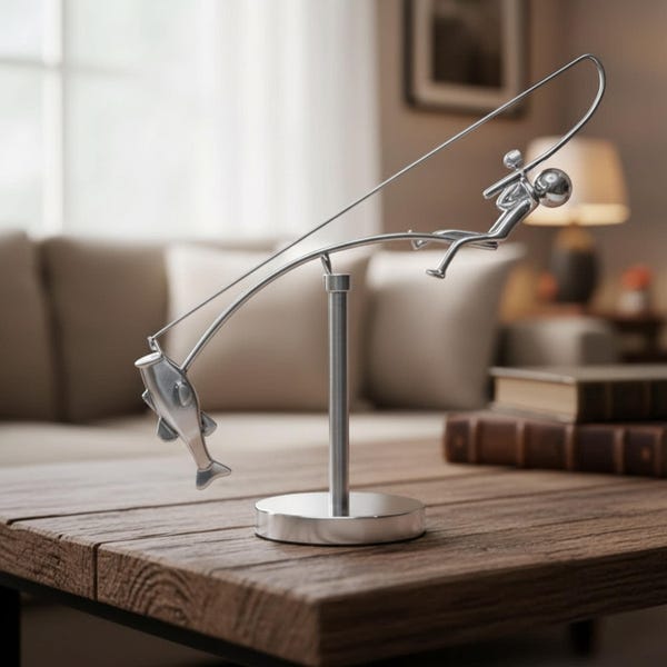 Kinetic Balance Sculpture Metal Art Desk Decoration Fishing Enthusiast Gift Idea Modern Design Silver Figurine Fisherman Statue Balancing