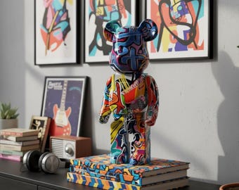 Graffiti Bear Brick Sculpture Urban Decor Artistic Piece Modern Design Street Style Quirky Home Console Decoration Table Accent