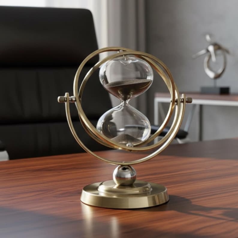 Unique Gift Idea Rotating Sand Timer Special Occasion Present Metal Frame Construction Elegant Desk Accessory Office Decoration Piece Thoughtful Birthday Gift Retirement Celebration Token Promotion Recognition Award Stylish Hourglass Design