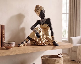 Black Woman Figurine African Inspired Home Decor Gold Dress Woman Statue Office Desk Decoration Gift Art Lover Elegant Sculpture Sitting