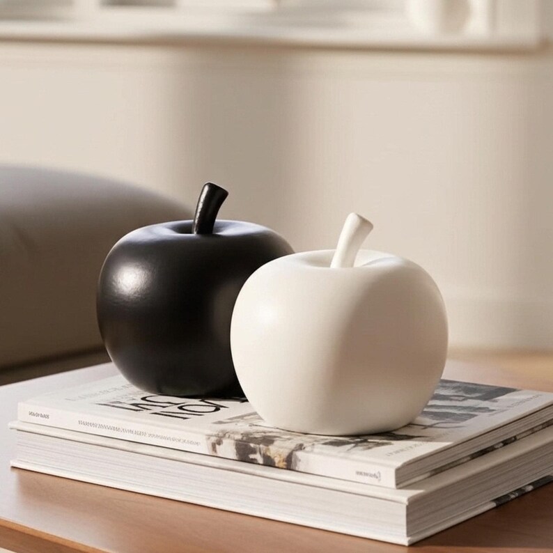 Minimalist Apple Sculpture Black White Striped Design Modern Fruit Statue Resin Art Object Contemporary Home Accent Desk Decoration Office Display Piece Monochrome Interior Accessory Nordic Style Ornament Artistic Table Decor Elegant Shelf