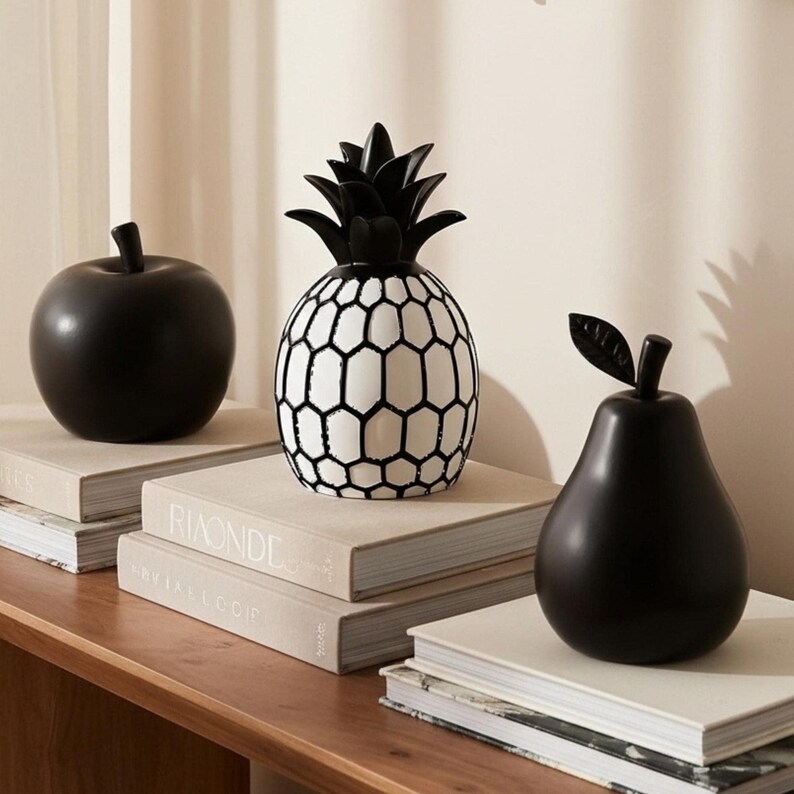 Black White Apple Sculpture Art Desk Decoration Home Accent Fruit Statue Modern Design Resin Ornament Minimalist Style Contemporary Abstract Piece Artistic Display Nordic Interior Trend Monochrome Aesthetic Office Accessory Shelf Decor