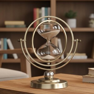 Rotating Sand Timer Metal Frame Desk Accessory Office Decor Piece Elegant Hourglass Display Swivel Design Functional Time Keeper Professional Workspace Organizer Vintage Style Modern Functionality Clear Glass Construction Fine Sand Flow