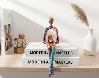 Abstract Reading Sculpture Colorful Resin Art Statue Modern Bookshelf Decoration Accent Minimalist Desk Display Contemporary Office Seated
