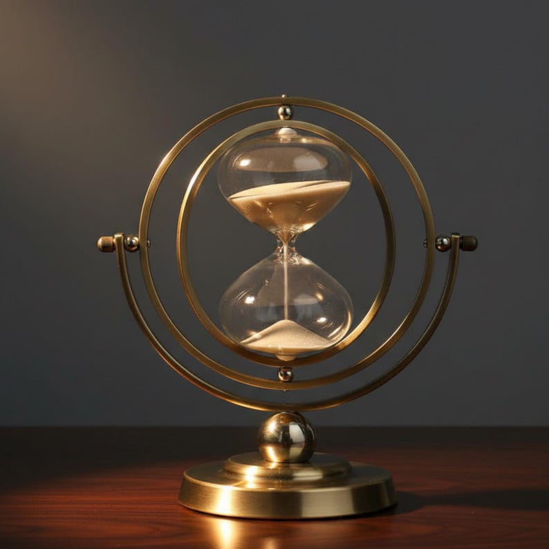 Meditation Aid Rotating Sand Timer Mindfulness Practice Tool Metal Frame Construction Elegant Hourglass Design Time Management Helper Stress Relief Device Desktop Relaxation Accessory Peaceful Focus Enhancer Clear Glass Display Fine Sand