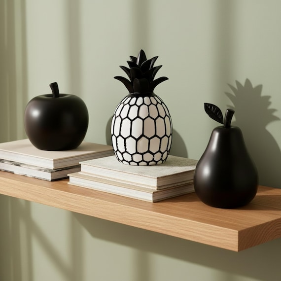 Black White Apple Sculpture Art Desk Decoration Home Accent Fruit Statue Modern Design Resin Ornament Minimalist Style Contemporary Decor