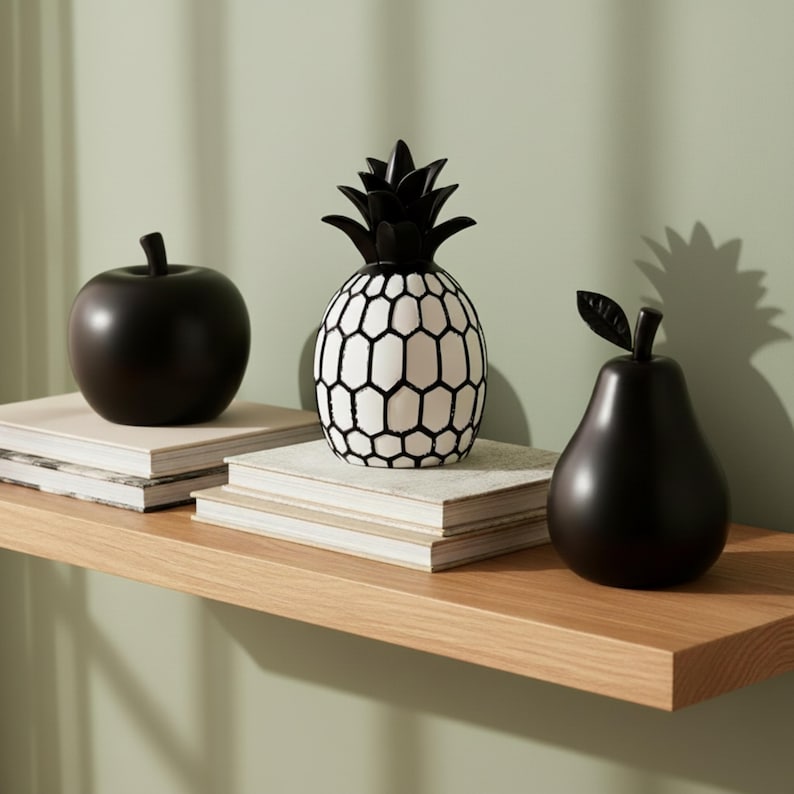 Black White Apple Sculpture Art Desk Decoration Home Accent Fruit Statue Modern Design Resin Ornament Minimalist Style Contemporary Abstract Piece Artistic Display Nordic Interior Trend Monochrome Aesthetic Office Accessory Shelf Decor