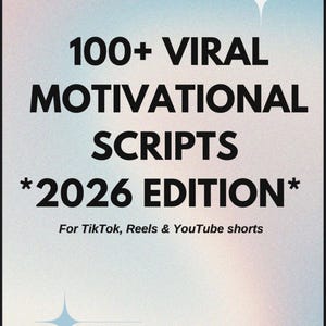Puede incluir: Portada de producto digital con un fondo degradado rosa, azul y blanco. El texto dice "100+ VIRAL MOTIVATIONAL SCRIPTS *2026 EDITION*" con el texto "For TikTok, Reels & YouTube shorts" debajo. La marca "Isir Dream" está en la parte superior.