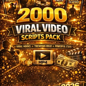 May include: A digital product graphic titled 2000 VIRAL VIDEO SCRIPTS PACK 2026 EDITION. It features five smartphone screens displaying video content, gold coins, a clapperboard, and US hundred-dollar bills against a sparkling gold background.