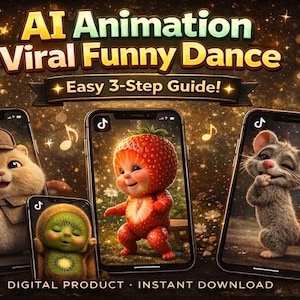 Puede incluir: Un anuncio de un producto de animación de IA. La imagen presenta teléfonos inteligentes que muestran personajes animados, incluyendo un hámster, una fresa, un kiwi y un ratón. El texto incluye "AI Animation Viral Funny Dance" y "Easy 3-Step Guide!"