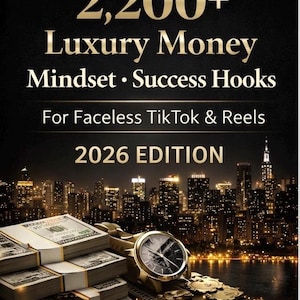 May include: An image with the text "2,200+ Luxury Money Mindset • Success Hooks For Faceless TikTok & Reels 2026 EDITION." The image also features stacks of cash, a gold watch, gold coins, and a cityscape at night.