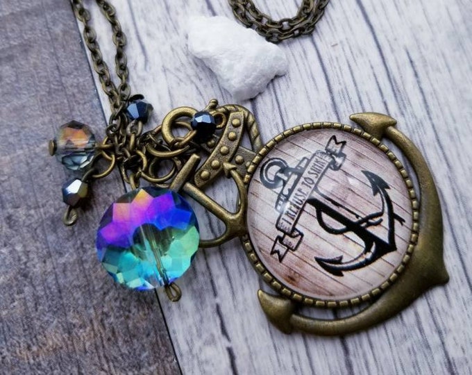 Anchor Necklace, Refuse to Sink Charm Necklace, Long Bronze Layering Necklace, Nautical Themed
