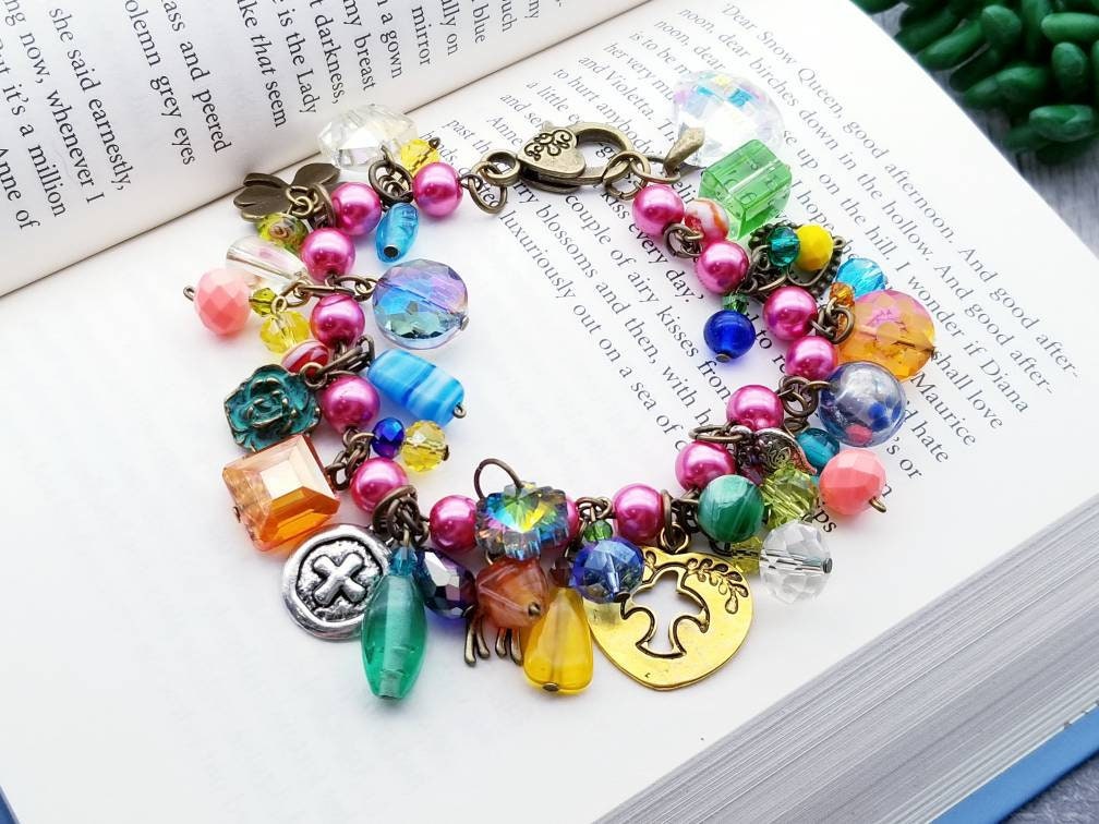 Colorful Multi Charm Trinket Bracelet Chunky Rainbow Jewelry