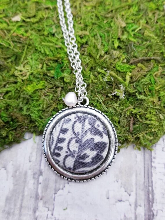 Items similar to Grey and white fabric pendant necklace, handmade