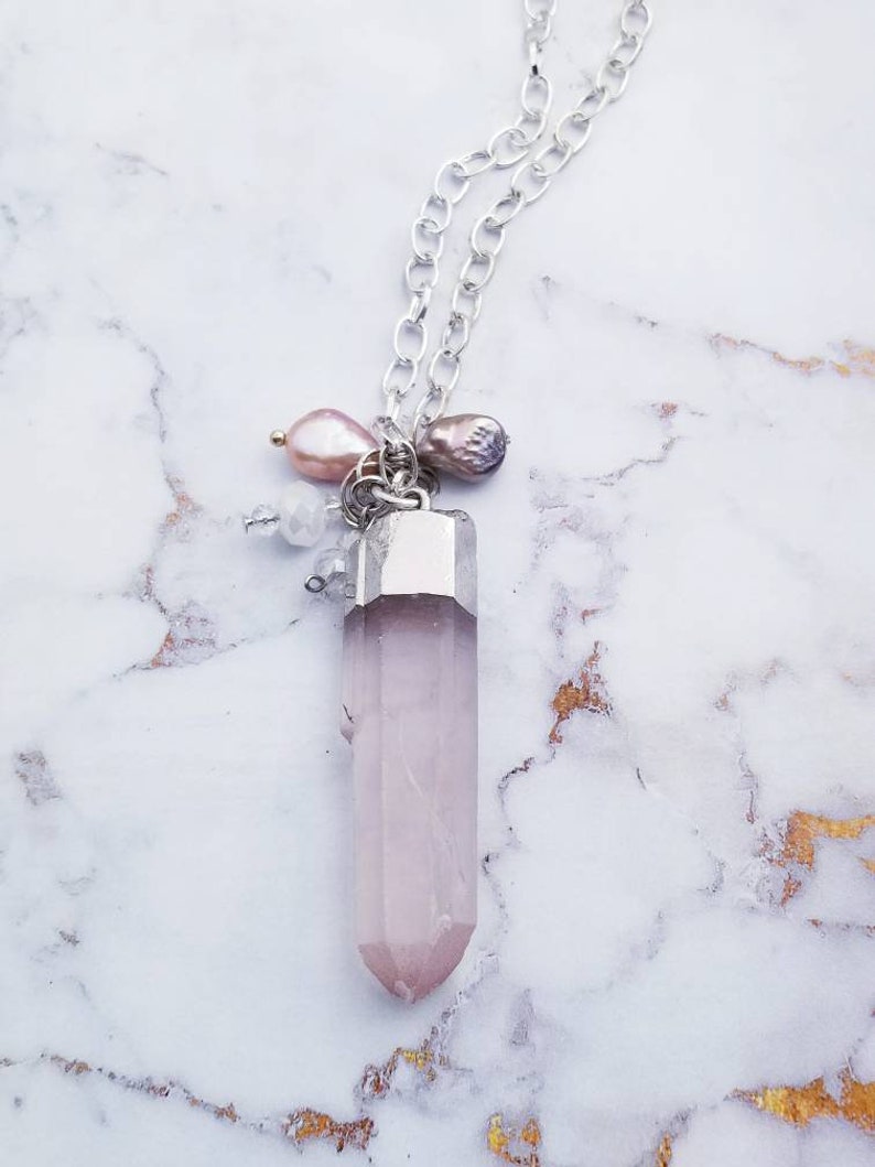 Blush Pink crystal point necklace with pearls Rose quartz | Etsy