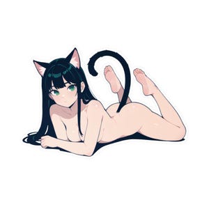 May include: A sticker featuring an anime-style character with black hair, green eyes, and cat ears. The character is lying down with a black cat tail and is nude. The sticker has a white border.