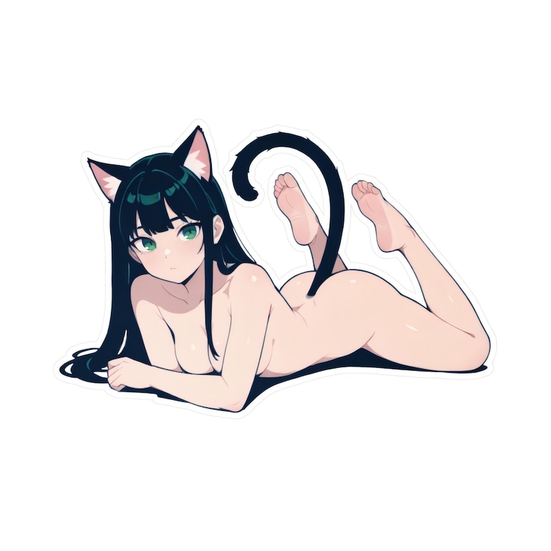 May include: A sticker featuring an anime-style character with black hair, green eyes, and cat ears. The character is lying down with a black cat tail and is nude. The sticker has a white border.