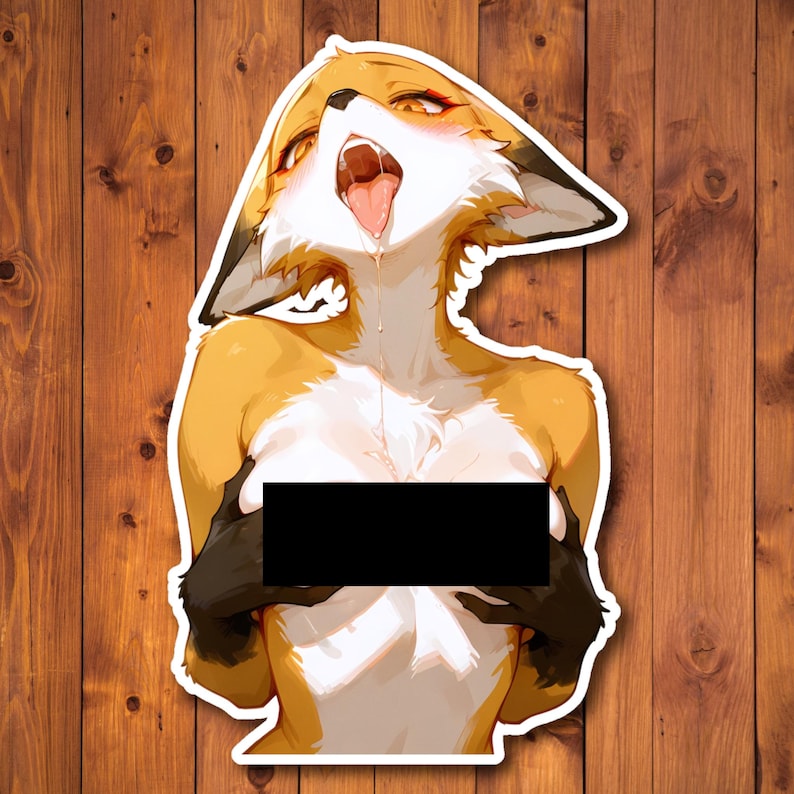 May include: A sticker featuring a stylized anthropomorphic fox with orange and white fur, open mouth, and black gloves. The fox is depicted with a black rectangle covering the chest area. The sticker is on a wooden background.