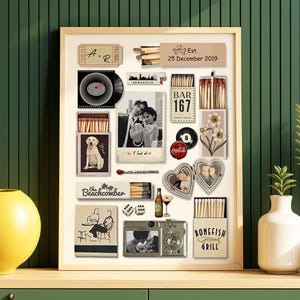 May include: A framed collage featuring various memorabilia, including photos, matchboxes, and a vinyl record. The collage includes a photo of a couple, a Coca-Cola bottle cap, and the text "Est. 25 December 2019".