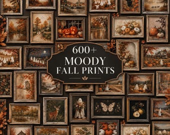 May include: A collection of framed wall art prints featuring autumn landscapes, pumpkins, ghosts, and wildlife in warm orange and brown tones. A central dark sign displays the white text 600+ MOODY FALL PRINTS with a small leaf icon.