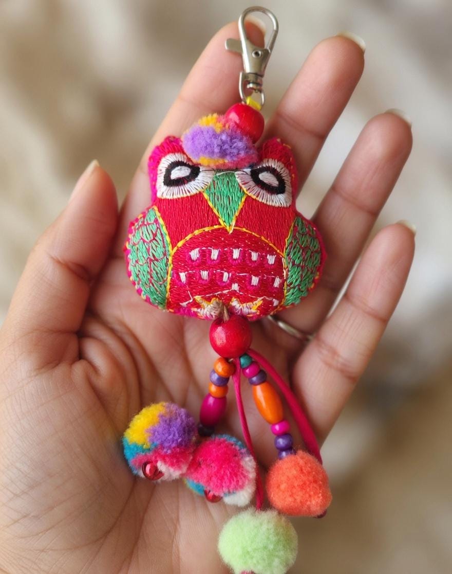 Handmade Embroidered Owl Keychain &ndash; Colorful Pom Pom Bag Charm