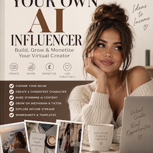 Könnte beinhalten: Ein digitaler Ratgeber mit dem Titel Create Your Own AI Influencer: Build, Grow & Monetise Your Virtual Creator. Das Cover zeigt eine Person mit braunen Haaren, einem weißen Pullover, einem Laptop und einer Tasse mit der Aufschrift Discipline Creates Freedom.