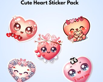 Pacchetto di adesivi PNG a forma di cuore Kawaii / Amore, decorazioni per agenda e laptop (download digitale)