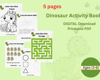 Libro di attività sui dinosauri per bambini dai 3 ai 6 anni / PDF stampabile per l'apprendimento prescolare