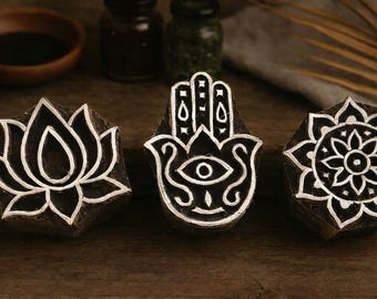 Lotus, Hamsa & Mandala Wooden Block Printing Stamps – Sacred Symbol Stamp Set for Fabric Printing, Pottery, Clay and  Textile Design