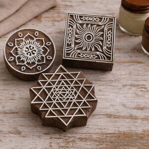 Printing Stamp Set of 3 for Fabric – Mandala, Sun Tile, Sacred Geometry – Handmade Wooden Indian Textile Printing Blocks for Pottery & Clay
