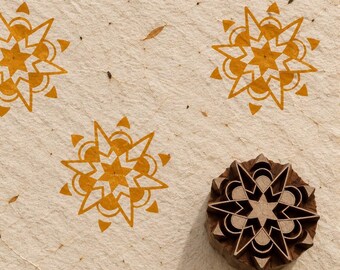 Petal Starburst Wood Block Stamp, Hand Carved Indian Printing Block for Fabric, Paper, Quilting & Textile Art