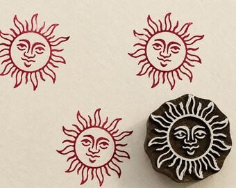 Bloque de impresión de madera Sol Sonriente, sello de rostro de sol celestial tallado a mano para tela, cerámica, arcilla y manualidades con papel.