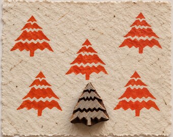 Bloque de impresión de madera con árbol de Navidad en zigzag, sello de madera indio tallado a mano para Navidad, ideal para tela, papel, arcilla y manualidades.