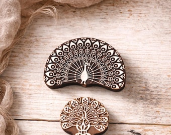 Peacock Indian Wood Block Stamps Set | Hand Carved Wooden Printing Blocks for Fabric, Textile & Pottery