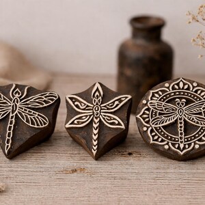 Dragonfly Wood Block Stamp Set – Hand Carved Dragonfly Stamps, Mandala & Folk Art Block Print for Fabric, Paper, DIY Craft