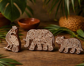 Juego de 3 sellos de madera para impresión en bloque de animales de la selva: elefante, pájaro y tigre. Sellos de tela de madera de la India.
