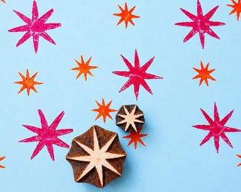 Juego de 2 bloques de madera con diseño de estrella celestial / Tallado a mano con motivos geométricos indios / Impresión de telas, herramienta textil, bloque para patrones de galletas de arcilla y cerámica folclórica