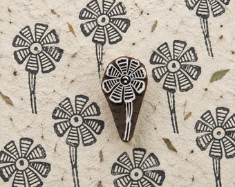 Striped Petal Bloom Wooden Printing Block, Hand Carved Flower Wood Stamp, Indian Folk Motif for Fabric, Paper & Crafts