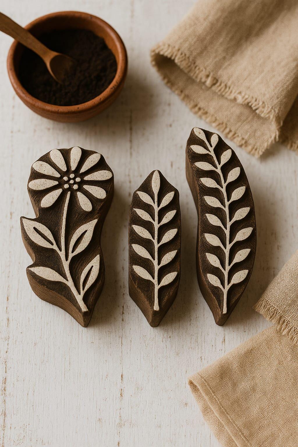 Set of 3 Indian Wooden Block Printing Stamps - Floral & Leaf Fabric Stamps - Hand Carved Textile Printing Blocks