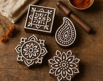 Mandala & Paisley Wooden Printing Block Set | Hand Carved Indian Wood Stamps for Fabric, Textile, Pottery