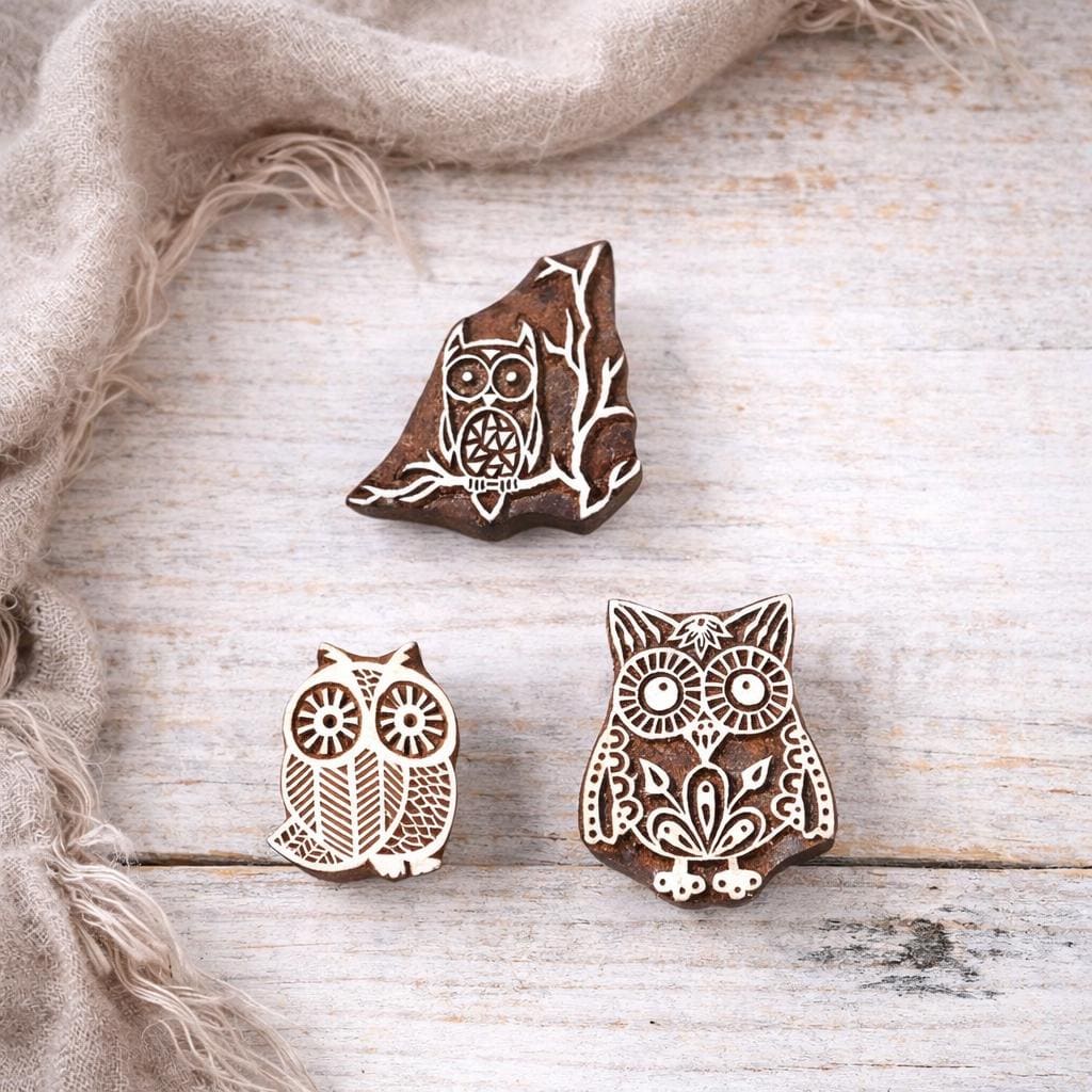Hand Carved Owl Wood Printing Blocks Set of 3 Indian Block Print Stamps Folk & Tribal Owl Motifs