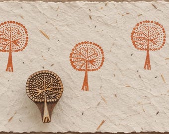 Bloque de impresión de madera con forma de árbol coronado, sello de madera indio tallado a mano, sello de árbol para tela, textiles, papel, arcilla y artesanías.