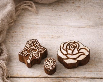 Rose Floral Indian Wood Block Stamps Set | Hand Carved Wooden Printing Blocks for Fabric, Textile & Pottery