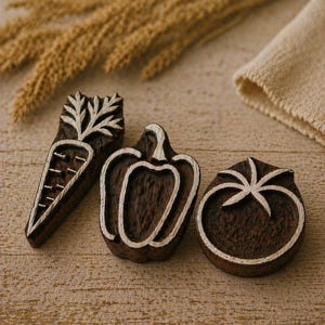 Op de afbeelding: Drie houten groentestempels: een wortel, een paprika en een tomaat. Elke stempel is donkerbruin met witte contouren, die de groenten in een eenvoudig, gestileerd ontwerp weergeven. De stempels zijn gerangschikt op een lichtgekleurd houten oppervlak.