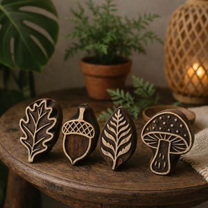 Autumn Nature Wooden Printing Block Set – Oak Leaf, Acorn, Fern, Mushroom Hand Carved Stamp for Fabric, Pottery & Paper
