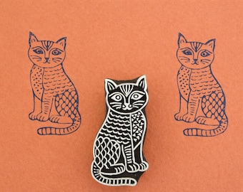 Sello de madera para tela para estampado en bloque, diseño indio tallado a mano - Gato estampado